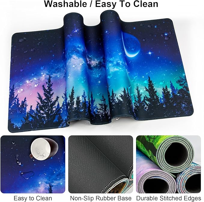 Keyboard Wrist Rest + Mouse Pad with Wrist Support + Desk Mat + Coaster 4 in 1 Set XXL Large Gaming Mousepad Cute Ergonomic Mouse Pads for Desk Computer Laptop Office Decor-Forest Moon