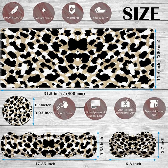 Gaming Mouse Pad Set Large Gaming Mouse Pad+Keyboard Wrist Rest+Mouse Wrist Rest+Coaster Easy Typing Pain Relief 31.5 × 11.8 inch Desk Mat for Home Office Cute Leopard Print