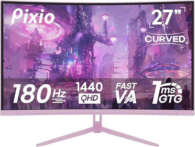 Pixio Two PXC278WAVE Pink 27 inch 180Hz Refresh Rate QHD 1440p Resolution 1650R Curve Fast VA Panel 1ms GTG Response Time HDR Curved Gaming Monitor and PS1D Wave Pink Dual Monitor Arm