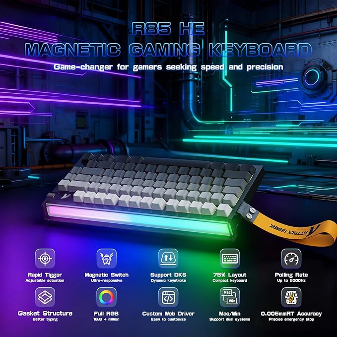 ATTACK SHARK R85 HE Wired 75% Rapid Trigger Mechanical RGB Gaming Keyboard with Custom Lightbox8KHz Polling Rate0.005mm RT Accuracy0.08MS LatencyHall EffectMagnetic SwitchDriver for PC-Moonlight