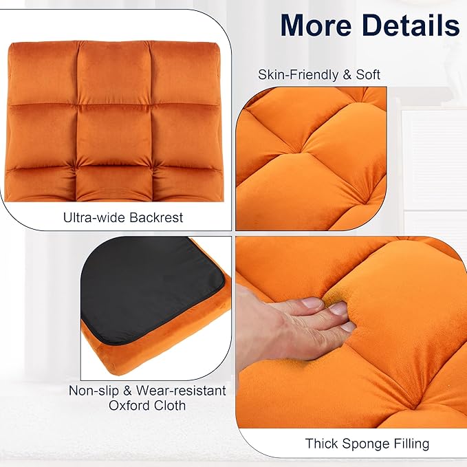 Floor Chair 24 inches Wide Oversized Velvet Armless Lay Flat Floor seat Padded Meditation Chair with 6 Adjustable Position Ergonomic Comfortable Convenient(LRSF-007-ORANGE)