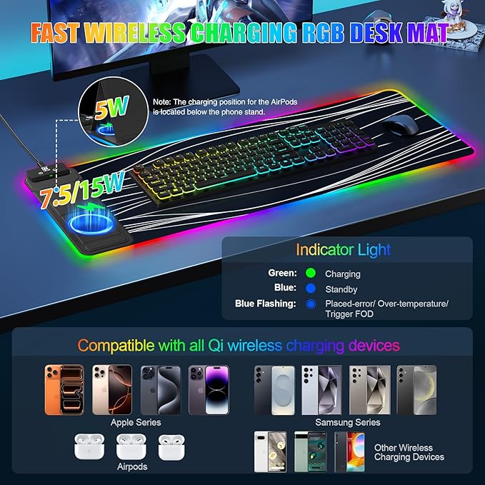 RGB Mouse Pad with Foldable Phone Stand &amp Wireless Charger 31.5x11.8 XL Gaming Mousepad Large Desk Mat Desk Pad with Dual Charging for Phone &amp AirPods | 11 Colors &amp 5 Modes | Waterproo