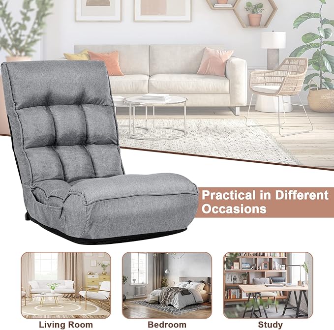 Moccha Folding Floor Chair Adjustable Sofa Chair with 5-Position Headrest &amp 4-Position Backrest Floor Gaming Chairs with Thicken Cushion Padded Chaise Lounge for Bedroom Living Room Gray