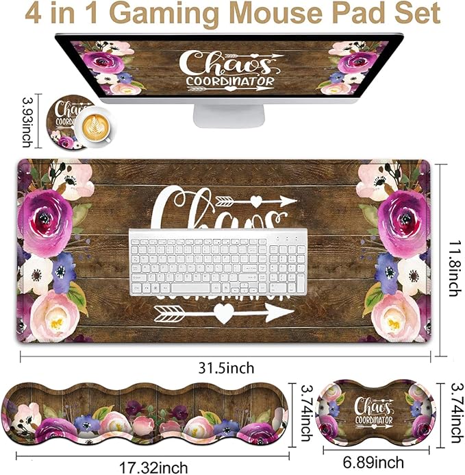Mouse Pad Set Large Gaming Mouse Pad + Keyboard Wrist Rest Support + Mouse Wrist Rest Non-Slip Rubber Base 31.5 x 11.8 in Extended Desk Mat for Office Desktop Decoration White Daisy Flowers