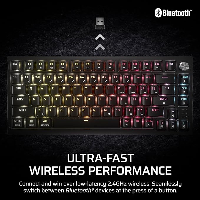 Corsair K65 Plus Wireless 75% RGB Hot-Swappable Mechanical Gaming Keyboard – Pre-Lubricated MLX Fusion Tactile Switches – Dual-Layer Sound Dampening – PBT Keycaps – QWERTY NA – Black