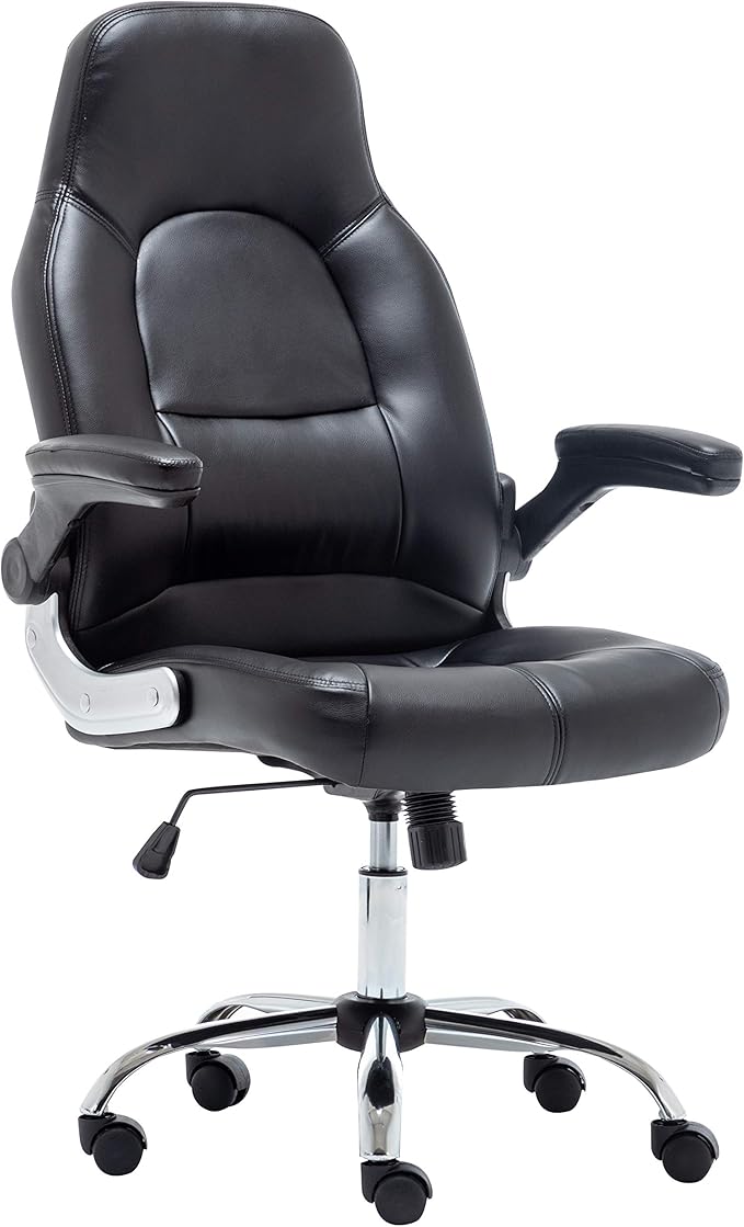 BTEXPERT Swivel Adjustable Black Home Office Gaming Chair Executive Flip up Arms with Lumbar Support Headrest PU Leather Executive High Back for Computer Adults Women Men