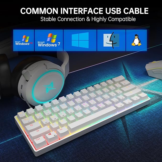 60% Mechanical Gaming Keyboard - 61 Keys Red Switch Quiet Office Computer Keyboard - Multi Color RGB Rainbow Led Backlit - Programmable for PC/Windows/Mac/Gamer - USB Wired - White