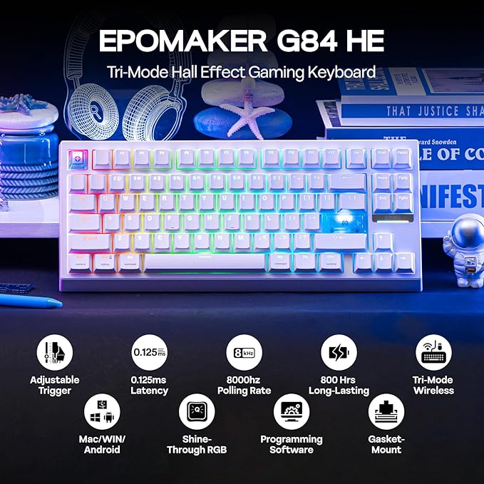 EPOMAKER G84 HE Wireless Hall Effect Keyboard 8K Polling &amp 8000mAh SOCD &amp DKS Gaming Keyboard with Fast Trigger &amp Adjustable Actuation RGB Backlit PBT Keycap Hot-Swap for Win/Mac (W