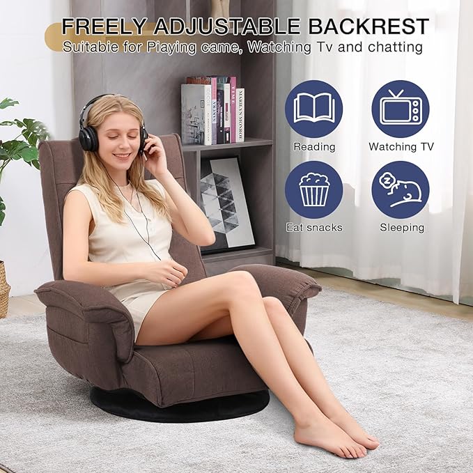 Linen Fabric Ergonomic Gaming Chair 6-Position Reclining Sofa Bed with Lumbar Support Foldable Floor Lounger with Thick Cushion Armrests &amp Side Pockets for Esports Reading Napping (Brown)