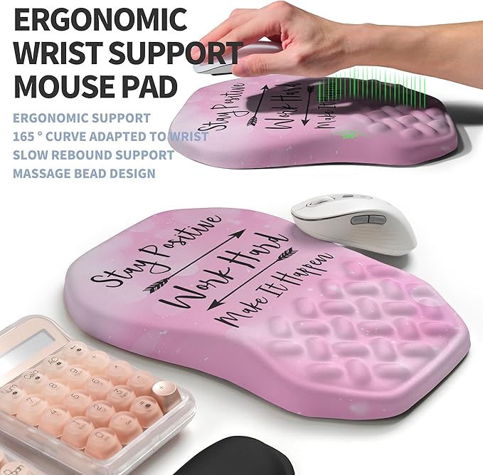 2-in-1 Ergonomic Set Wave Keyboard Wrist Rest and Massage Slope Mouse Pad Wrist Support Rebound Memory Foam for Relieve Carpal Tunnel Syndrome and Wrist Pain (Stay Positive)