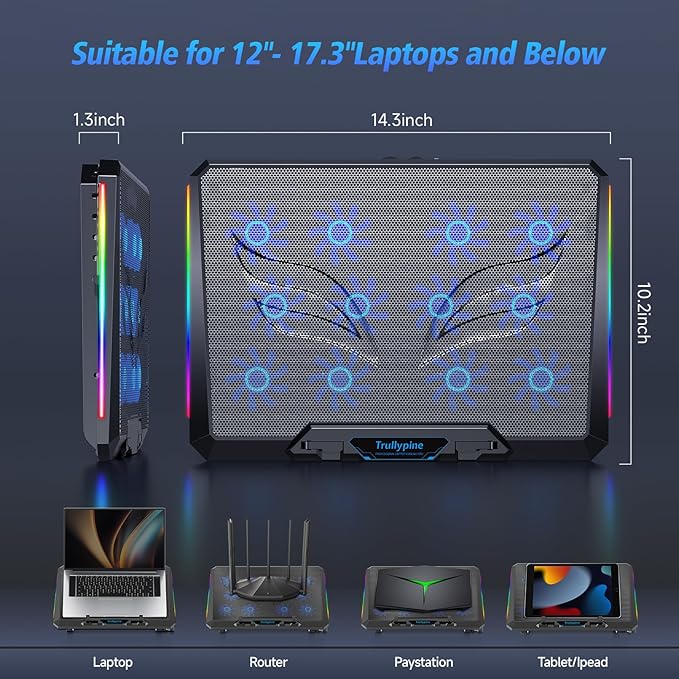Laptop Cooling Pad with 12 Quiet Fans Slim Portable for 12-17.3 Inch Laptop Cooler Stand with 5 Height Adjustable Ergonomic Gaming Cooling Fan Pad with Two USB Ports &amp Phone Holder (Gear)