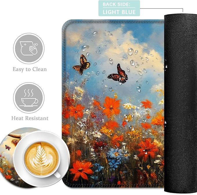Keyboard Mouse Pad Set Extended Gaming Mouse Pad+Ergonomics Keyboard Wrist Rest Support Memory Foam Easy Typing Pain Relief 4Pcs XL Ultra Thick Desk MatCow Wildflower Butterflies