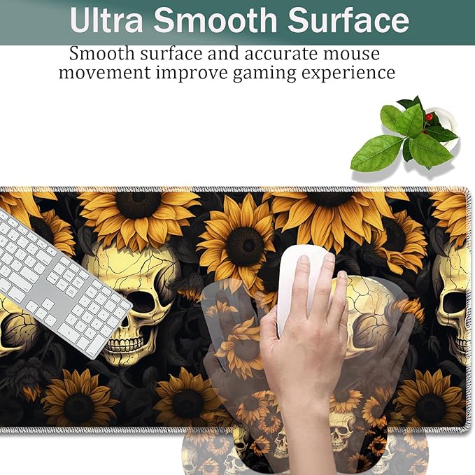 Large Game Mouse Pad + Wrist Support Pad + Coffee Coaster Desk Pad with Sewn Edges Anti-Slip Set pad Suitable for Office Work and Home - Sunflower Skull