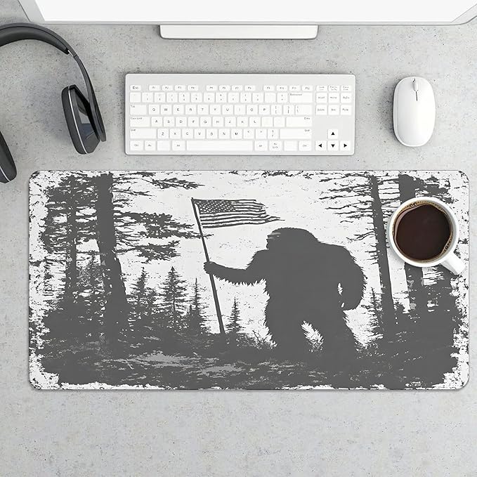 XXL Gaming Mouse Pad Bigfoot Silhouette American Flag Large Desk Mat Protector for Desktop Anti-Slip Rubber Extended Computer Keyboard Mat Writing Pad Mousepad for Work Office15.7 * 35.4 in A-677