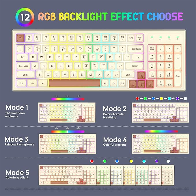 KOLMAX BK98 Wireless Gaming Keyboard Dual Mode 2.4G/Bluetooth Gaming KeyboardRGB Backlit Ergonomic 98 Keys PBT Mechanical Feeling Wireless Keyboard for Office Windows Mac PC Gamer(Retro Brown)