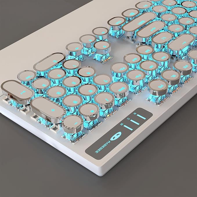 MageGee Typewriter Mechanical Gaming Keyboard Retro Punk White Round Keycaps 104 Keys LED Blue Backlit Wired Keyboards for Laptop MAC PC Gamer with Magnetic Wrist Rest Blue Switch