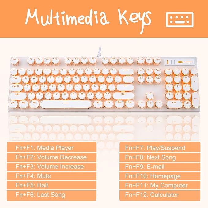 Camiysn Typewriter Style Mechanical Keyboard Retro Punk Gaming Keyboard with Gold LED Backlit Cute Wired Keyboards104 Keys Full Size Keyboards Uique Round Keycaps for Windows/Mac/PC(White&ampGold