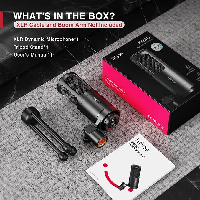 FIFINE XLR Dynamic Microphone Vocal Podcast Microphone with Cardioid Pattern Studio Metal Mic for Streaming Voice-Over Dubbing Video Recording Black-K669D
