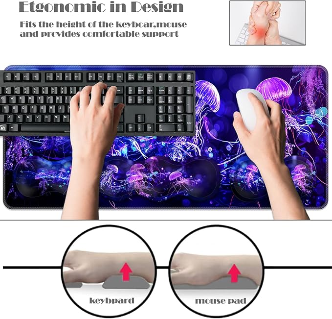 Ergonomic Keyboard Wrist Rest &amp Mouse Pad Wrist Rest SetXL Gaming Desk Mat 31.5x 11.8Non-Slip BaseMemory FoamEasy Typing Pain Relief for Office &amp HomeNeon Purple Jellyfish
