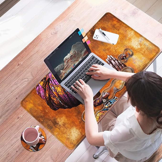 Mouse PadLarge Desk Mat Set 4in1 XL Mousepad + Keyboard Wrist Rest+Mouse Wrist Rest+Coaster with Ergonomic Desk Pad for Home Office Table Computer Cover -African Woman in Prayer Art