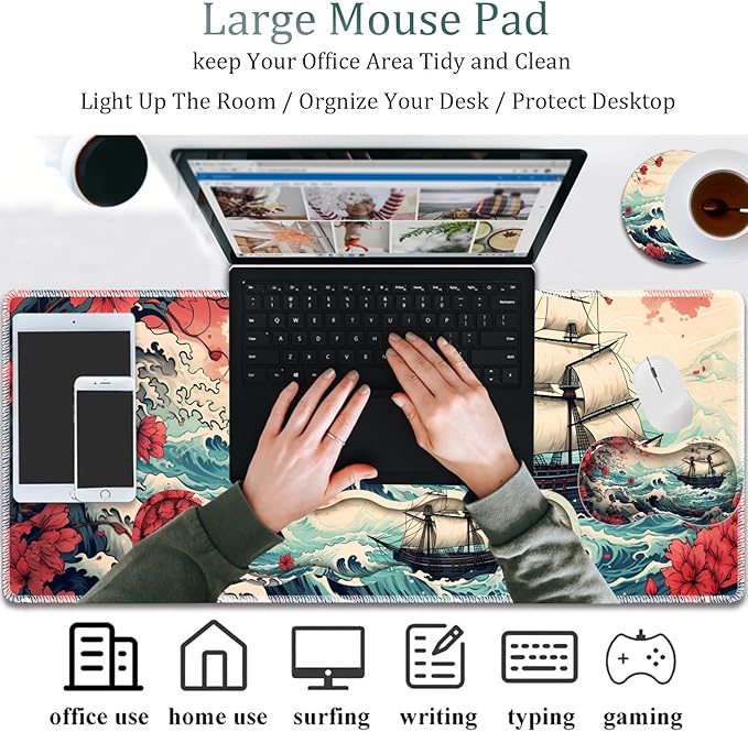 Mouse Pad Combo Large Gaming Mouse Pad + Keyboard Wrist Support + Mouse Wrist Rest + Coaster Table Pad 31.5 x 11.8 with Memory Foam Ergonomic Wrist Pad Set Pirate Ship Landscape Pattern