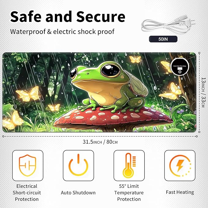 Warm Desk PadHeated Desk Pad Mouse Mat Gamingwith 3 Heating Levels &amp 3 Hours Auto Shut-OffLeather 31.5 x 13 Foot Warmer Keyboard Office MatCute Frog Mushroom