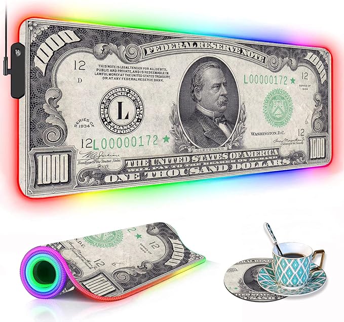 RGB Gaming Mouse Pad with Coffee Coaster XXL Large Glowing LED Mousepad Anti-Slip Rubber Base Computer Keyboard Desk Mouse Mat 31.5 X 11.8 Inch - 1000 Dollar Bill