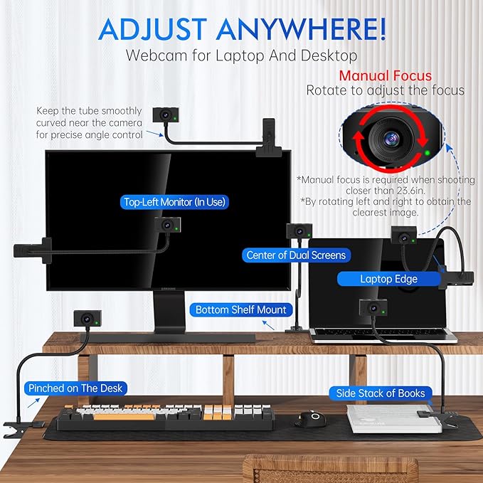 Webcam for PC Laptop Camera USB Webcam with Adjustable Gooseneck Flexible Positioning 1080P Computer Camera for Presentation Desktop Demo Full-Body View Video Call Zoom Teams Skype (Black)