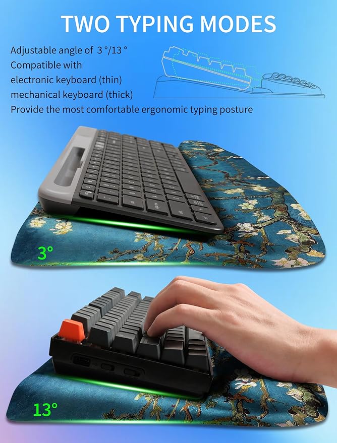 Ergonomic Wave Wrist Rest with Keyboard Stand Cushioned Palm Rest Comfortable Integrated Memory Foam for Natural Typing and Relieve Wrist Pain Van Gogh Apricot Blossom