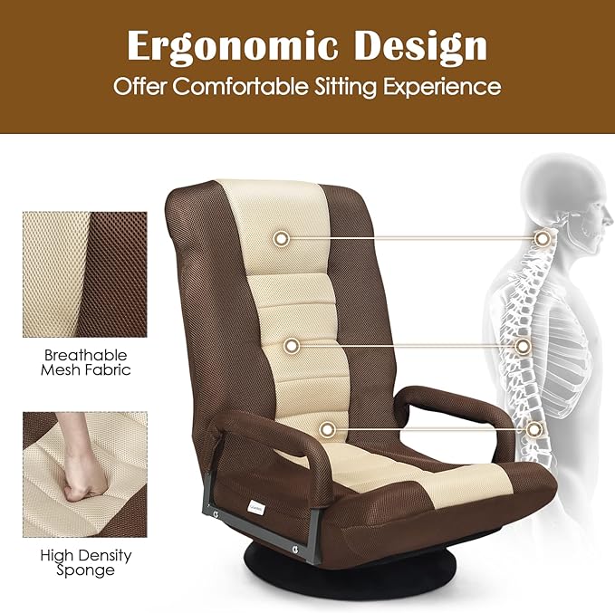 Giantex Floor Gaming Chair 360 Degree Swivel Floor Chair w/Armrests 6 Adjustable Position Padded Backrest Folding Floor Rocker for Games Lazy Sofa Lounger Brown/Beige
