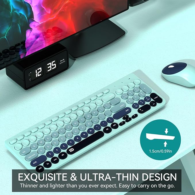 FD Wireless Keyboards and Mouse Combo - 2.4GHz USB Cordless Cute Wireless Keyboard Round Keys Quiet and Slim Set for Laptop Computer TV and Mac - Indigo Blue Colorful