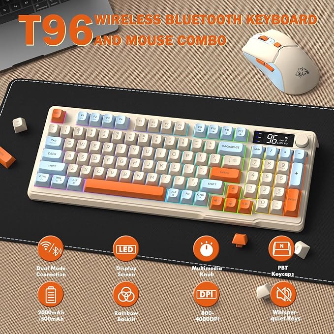 ZIYOU LANG T96 Wireless Gaming Keyboard and Mouse ComboDual Bluetooth/2.4G RGB Backlit Mechanical Feeling Keyboard with Smart Display &amp Knob4000 DPI Gaming Mouse for PC Laptop Mac Wins-Blueberry