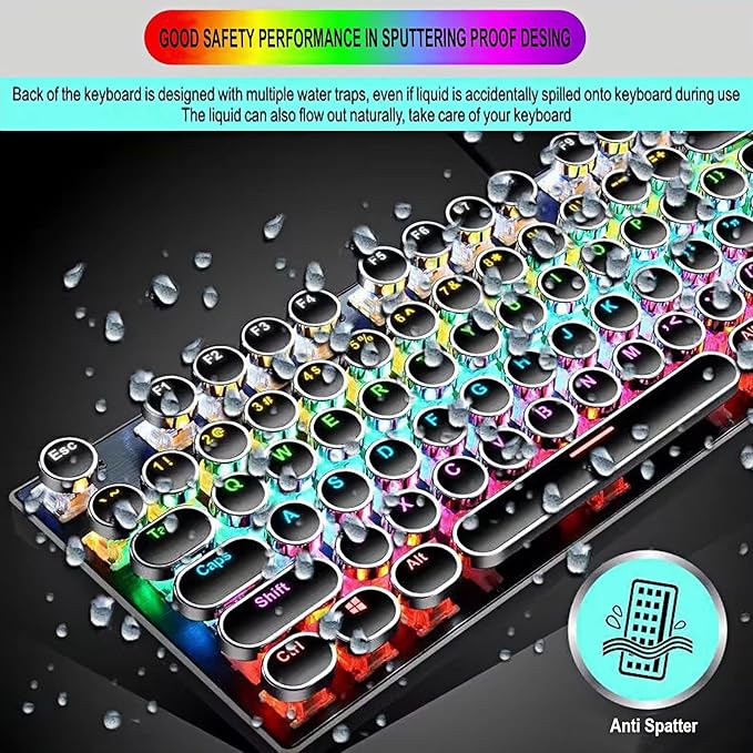 Guiheng Wired Typewriter Style Mechanical Gaming Keyboard Black Retro Punk Gaming Keyboard with RGB Backlit 104 Keys Blue Switch Wired Cute Keyboards Round Keycaps for Windows/Mac/PC