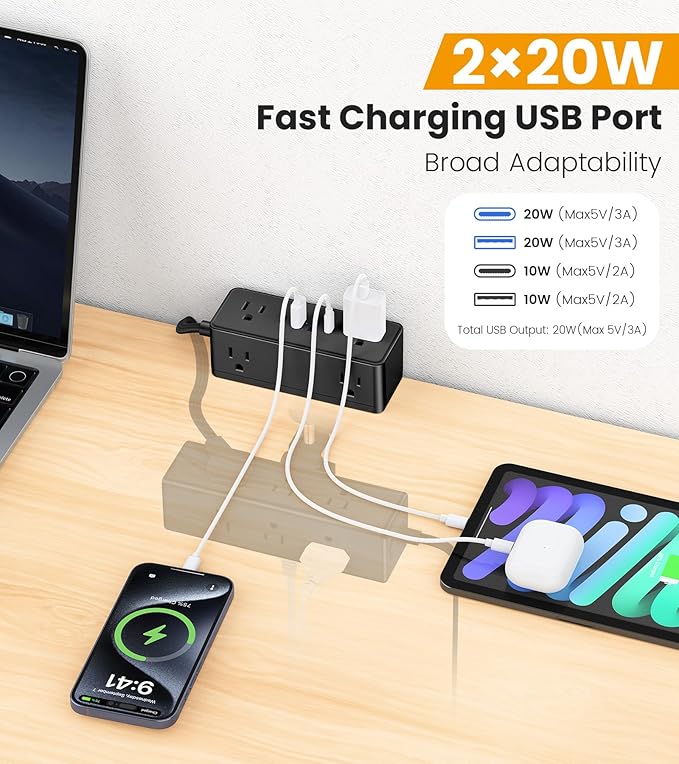 Dual Layer Desk Clamp Power Strip Desktop Edge Mount Surge Protector with 15 AC Outlets &amp 4 USB Ports(20W USB-C) Ultra Thin Flat Plug &amp 15FT Power Cord for Office Home(ETL Listed)