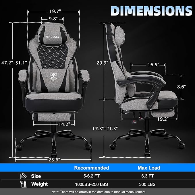 Vonesse Gaming Chair Reclining Fabric Gaming Chairs for Adults 250LBS Office Chair with Pocket Spring Cushion Computer Chair with Footrest and Massage Lumbar Support (Grey)