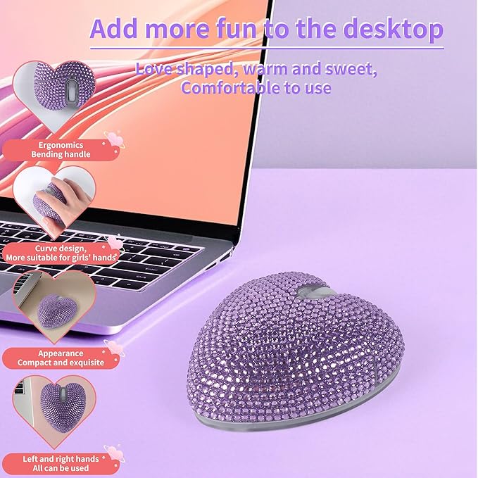 elec Space Stylish Heart-Shaped Wireless Bluetooth Mouse – Rechargeable Silent RGB Light and Perfect for Laptop &amp PC (Purple)