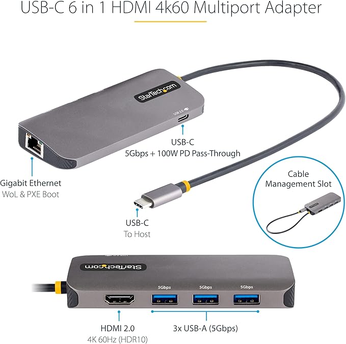 StarTech.com 6-in-1 USB-C Hub for Monitors 4K 60Hz HDMI Video HDR10 Gigabit Ethernet USB 5Gbps Hub 100W Laptop Charging with Cable Management for MacBook M1 M2 M3 M4 and Windows