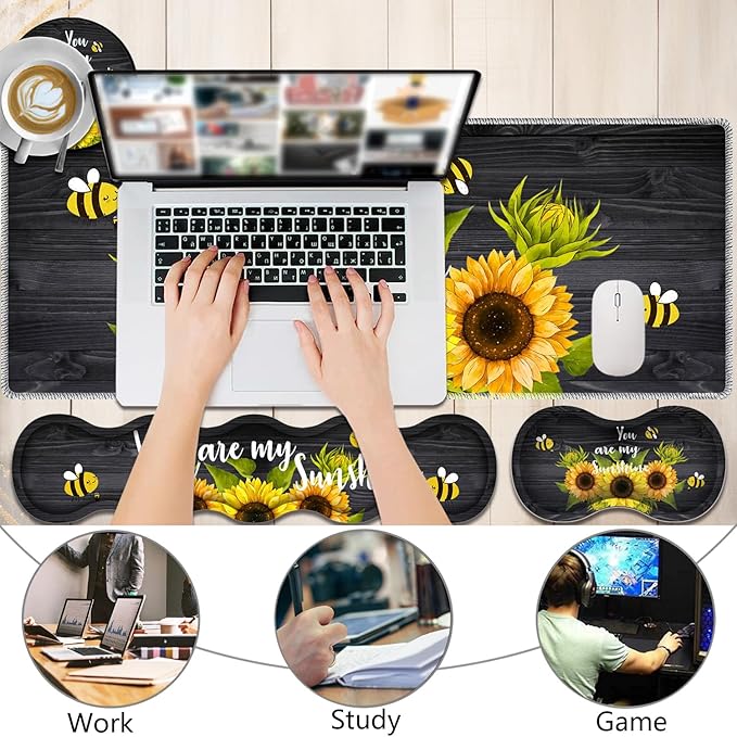 4 in 1 Mouse Pad Combo Large Gaming Mouse Pad + Keyboard Wrist Support + Mouse Wrist Rest + Coaster Table Pad with Stitched Edge Ergonomic Wrist Pad Set Sunflower You are My Sunshine