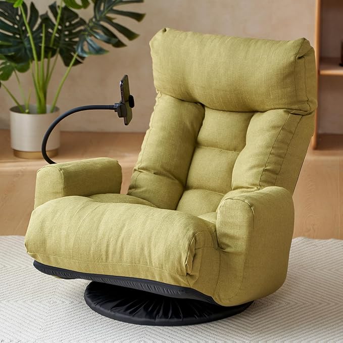 Swivel Gaming Floor Chair with Phone Holder &amp Arm Comfy Reading Chair with Side Pocket for Adults Upholstered Floor Chair with Adjustable Back for Bedroom Living Room (Green)