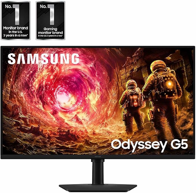 Samsung 27” Odyssey G5 G50F QHD Resolution Gaming Monitor 180Hz Refresh Rate Fast IPS Panel HDR10 NVIDIA G-Sync Compatible 1ms Response Time (GtG) AMD FreeSync™ Adjustable Stand LS27FG502ENXZA
