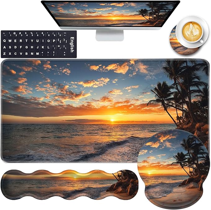 Mouse PadLarge Pink Desk Mat 4in1 XXL Mousepad + Keyboard Wrist Rest+Mouse Wrist Rest+Coaster Set with Ergonomic Desk Pad for Home Office Table Computer-Sunset Beach