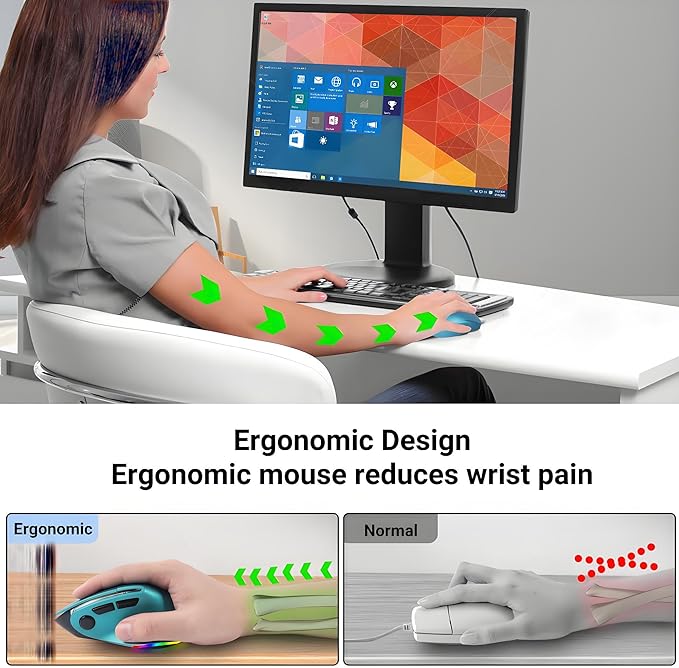 Ergonomic Mouse JigglerBluetooth Vertical Wireless MouseLED Rechargeable Optical Computer Mice Portable(BT5.2 or USB 2.4GHz) Dual Mode1000/1600/2400 DPI8 Buttons for LaptopPCMacbook (Blue)