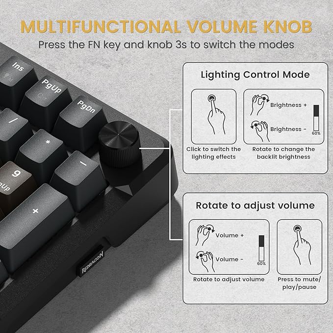 Redragon K742 Wireless Mechanical Gaming Keyboard with Knob Bluetooth 5.0/2.4GHz/USB C Wired Creamy Keyboard with Number Pad for PC Computer RGB Backlits Hot-Swappable with Linear Switches (Brown)