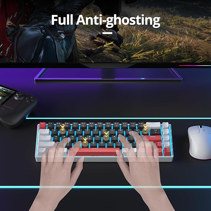 surmen 65% Mechanical Gaming Keyboard with Linear Red Switch Wired Mini Compact Keyboard 60 Percent Backlit for Laptop Desktop PC Gamers（68 Black-Ice Blue）