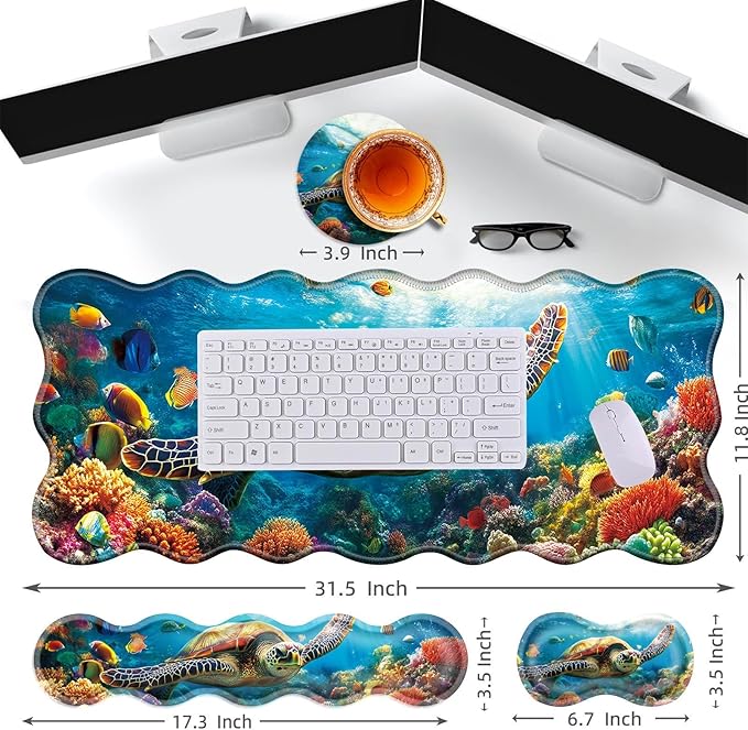 Large Gaming Mouse Pad Keyboard Wrist Rest Pad &amp Wrist Support Mousepad Set Stitched Edge Extended Non-Slip Base Memory Foam Desk Mat for Office HomeSwimming Sea Turtle