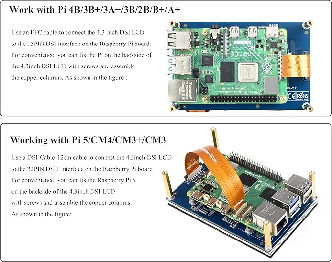 4.3inch DSI LCD Compatible with Raspberry Pi 5/4B/3B+/3B//3A+/2B/B+/A+/CM5/4/3+/3 800x480 Resolution 5-Points Capacitive Touch Screen IPS Display Monitor MIPI DSI Interface