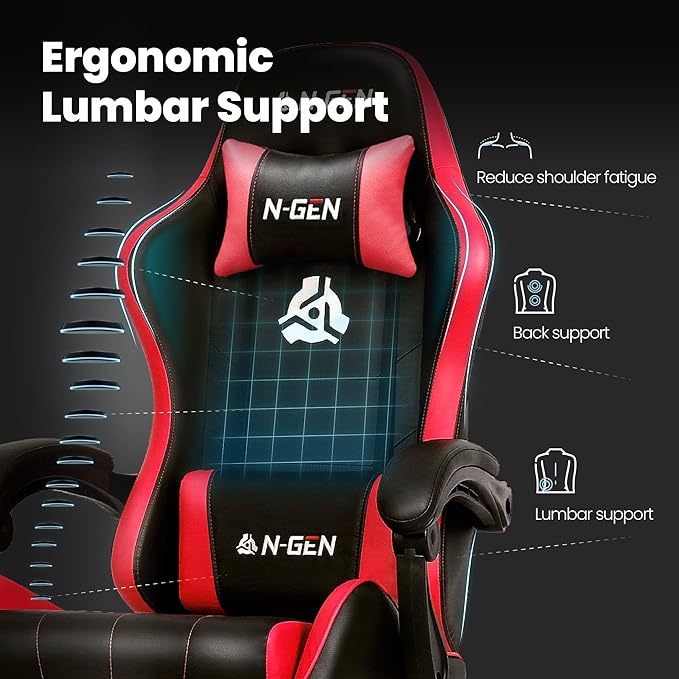 N-GEN GAMING Video Gaming Chair with Footrest Lumbar Support for Home Office High Back Recliner Height Adjustable Ergonomic Comfy Leather Computer Desk Chair (Red)
