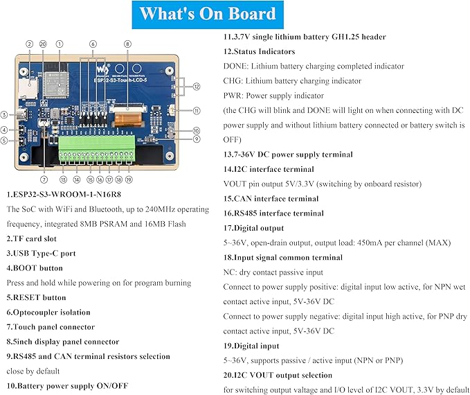 ESP32-S3 5inch Capacitive Touch Screen Development Board 5-Point Touch LCD Display 1024 x 600 Pixel 32-Bit LX7 Dual-Core Processor Support W-i-F-i&ampB L E with Onboard Antenna (Upgraded Ver )