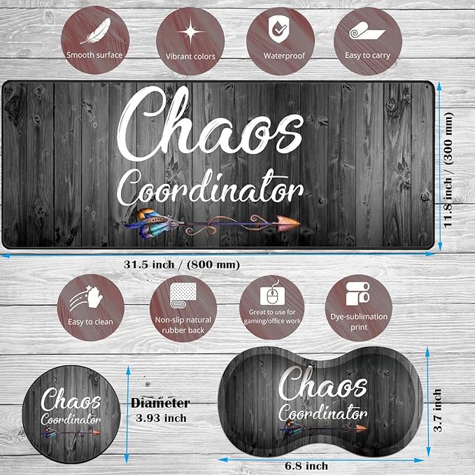Large Game Mouse Pad + Wrist Support Pad + Coffee Coaster Quote Chaos Coordinator Foldable Table Mat with Stitched Edge Non-Slip Set Pad Suitable for Office Work and Home