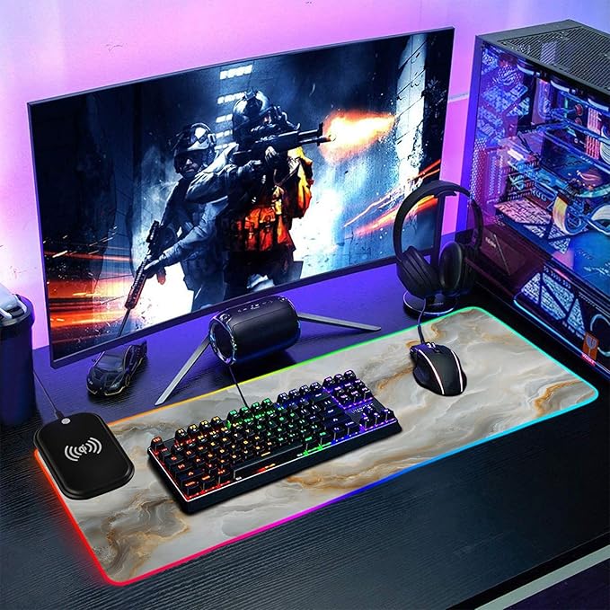 White Marble Gaming Mouse Pad Led Mousepads RGB Backlit with 14 Lighting Modes Non Slip Base Soft Computer Keyboard Mat for Gaming PC Laptop Desk M